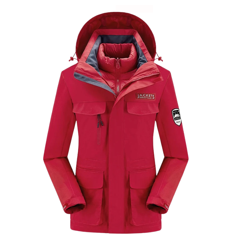 Red White Waterproof Hooded Ski Jacket and Pants Set for Women | Winter Sports