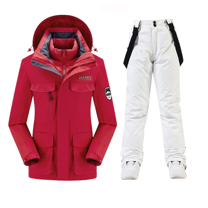 Red White Waterproof Hooded Ski Jacket and Pants Set for Women | Winter Sports