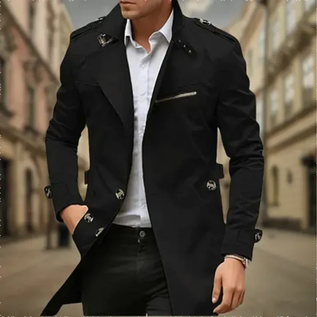 Water Resistant Double Breasted Long Raincoat with Notch Collar for Men