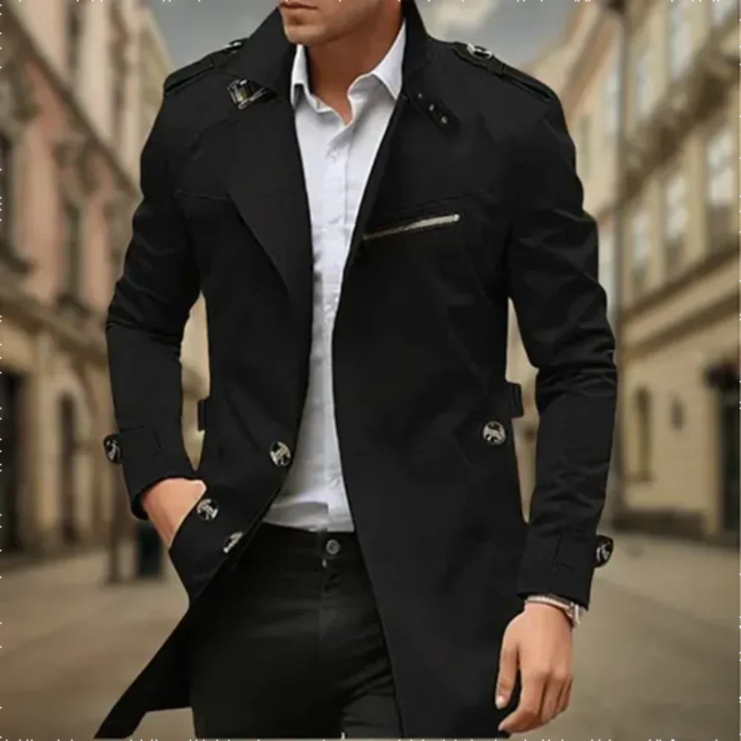 Water Resistant Double Breasted Long Raincoat with Notch Collar for Men