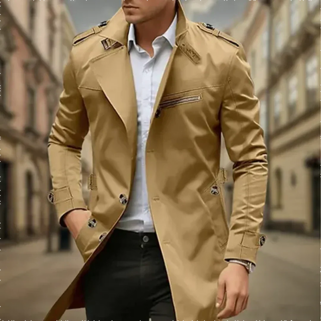 Water Resistant Double Breasted Long Raincoat with Notch Collar for Men