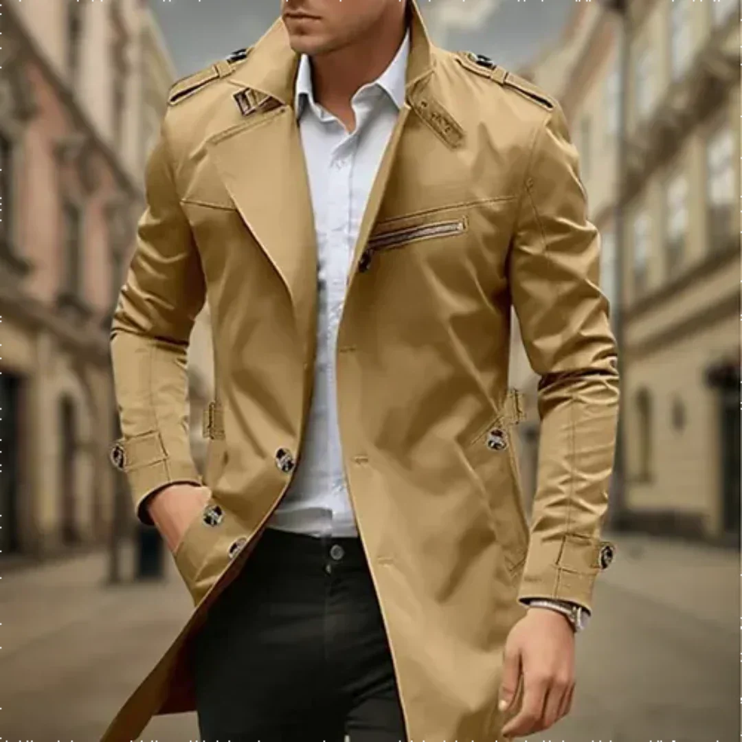 Water Resistant Double Breasted Long Raincoat with Notch Collar for Men