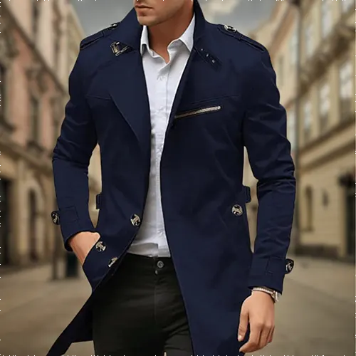 Water Resistant Double Breasted Long Raincoat with Notch Collar for Men