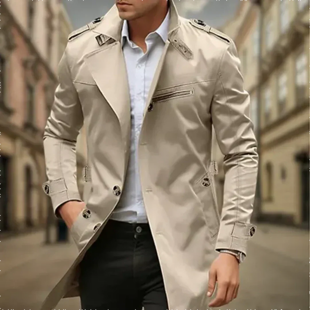 Water Resistant Double Breasted Long Raincoat with Notch Collar for Men