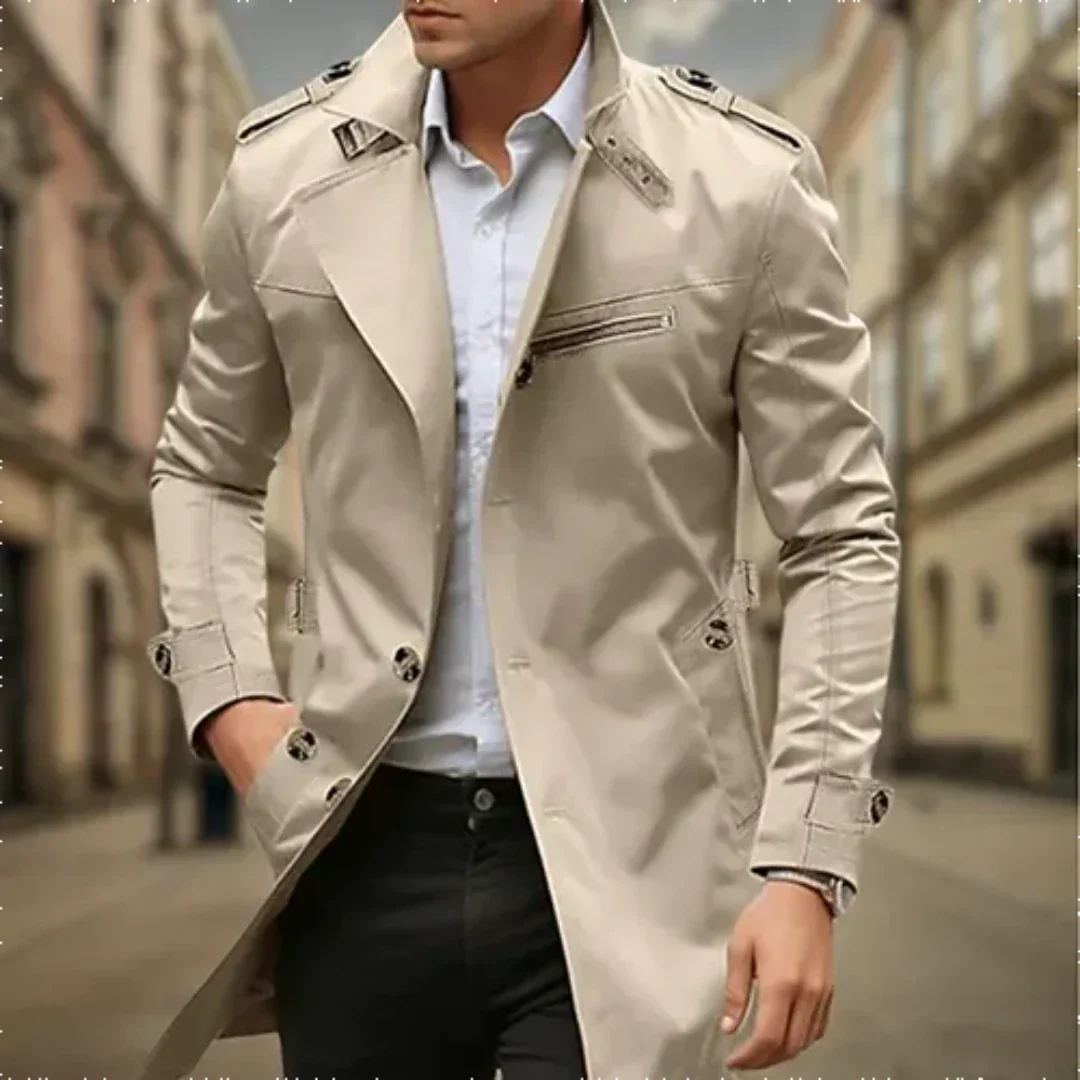 Water Resistant Double Breasted Long Raincoat with Notch Collar for Men