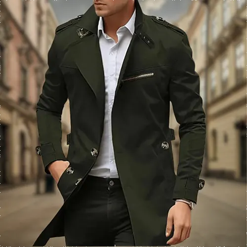 Water Resistant Double Breasted Long Raincoat with Notch Collar for Men