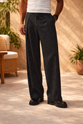 Black Pinstripe Wide Leg Relaxed Fit Pants for Men