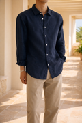 Navy Linen Relaxed Fit Long Sleeve Button Shirt for Men