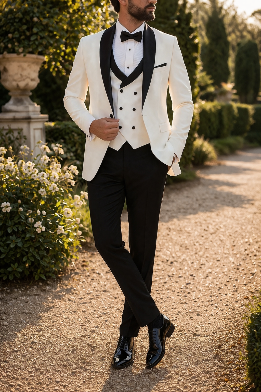 White Shawl Lapel Three Piece Tuxedo Suit with Vest for Men | Formal Wedding