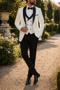 White Shawl Lapel Three Piece Tuxedo Suit with Vest for Men | Formal Wedding