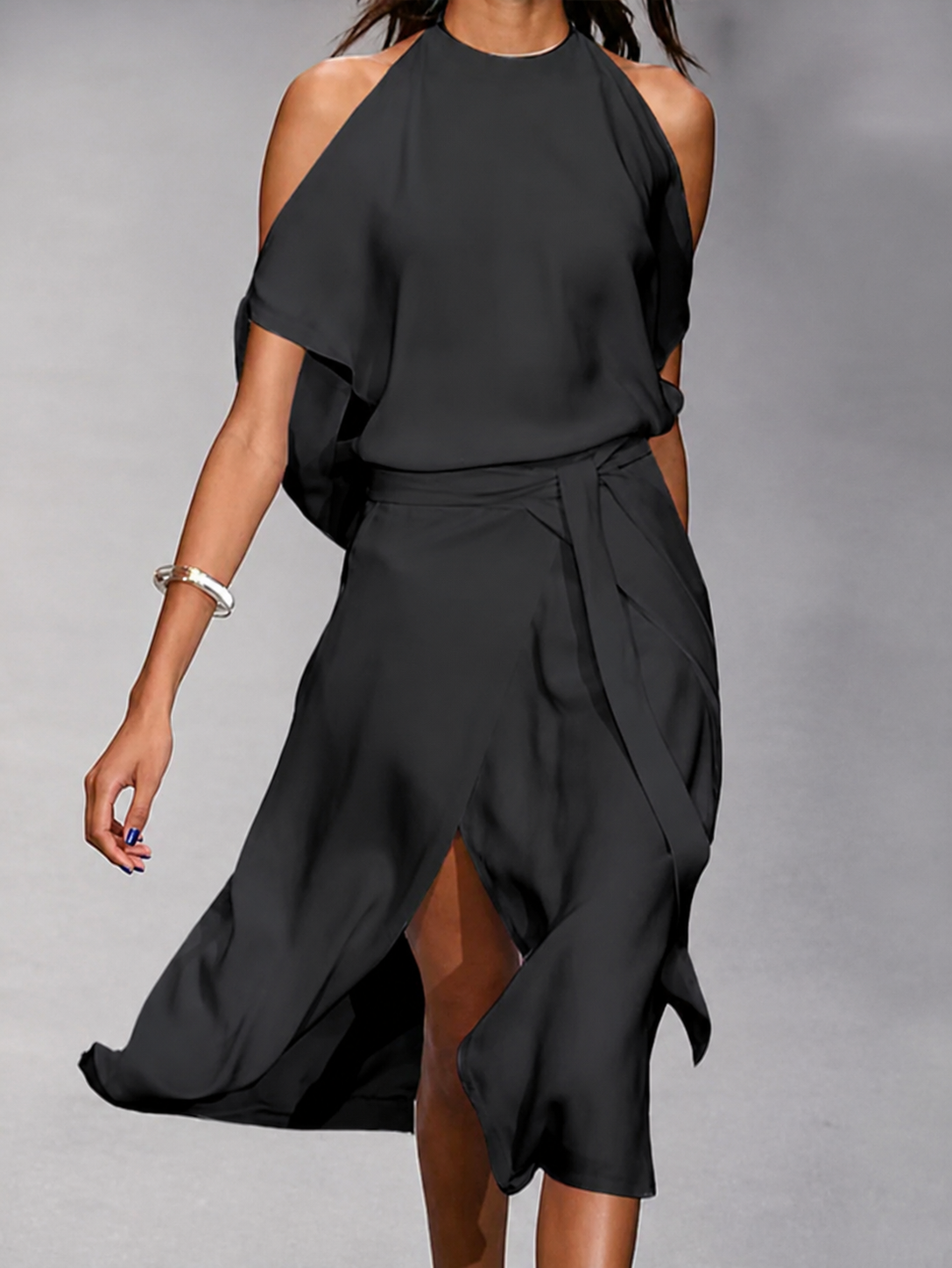 Open Shoulder Asymmetric Tie Waist Midi Dress for Women | Evening Occasion Wear