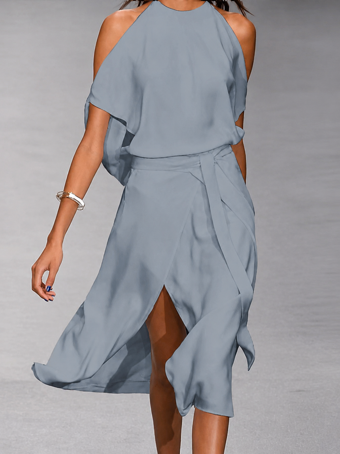 Open Shoulder Asymmetric Tie Waist Midi Dress for Women | Evening Occasion Wear