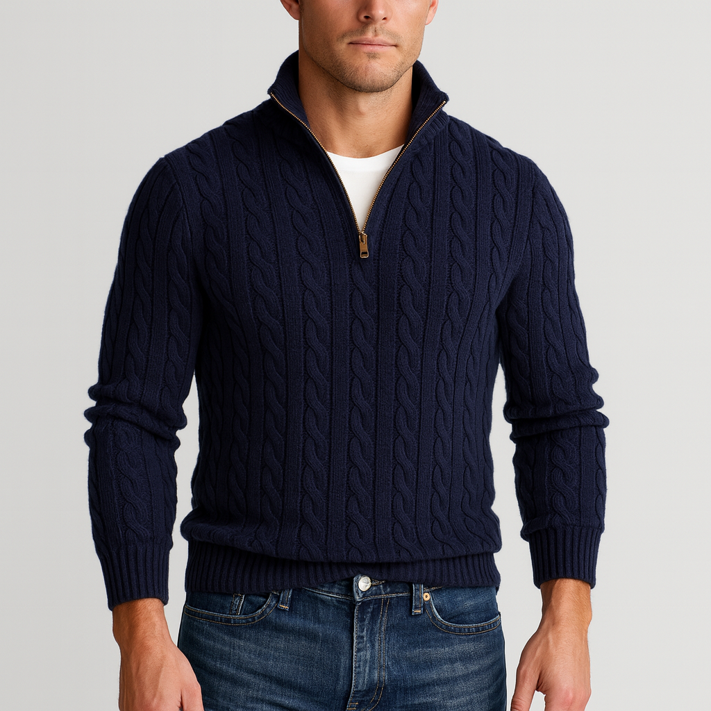 Men's Sweater | Half-Zip Design with High Collar and Ribbed Cuffs