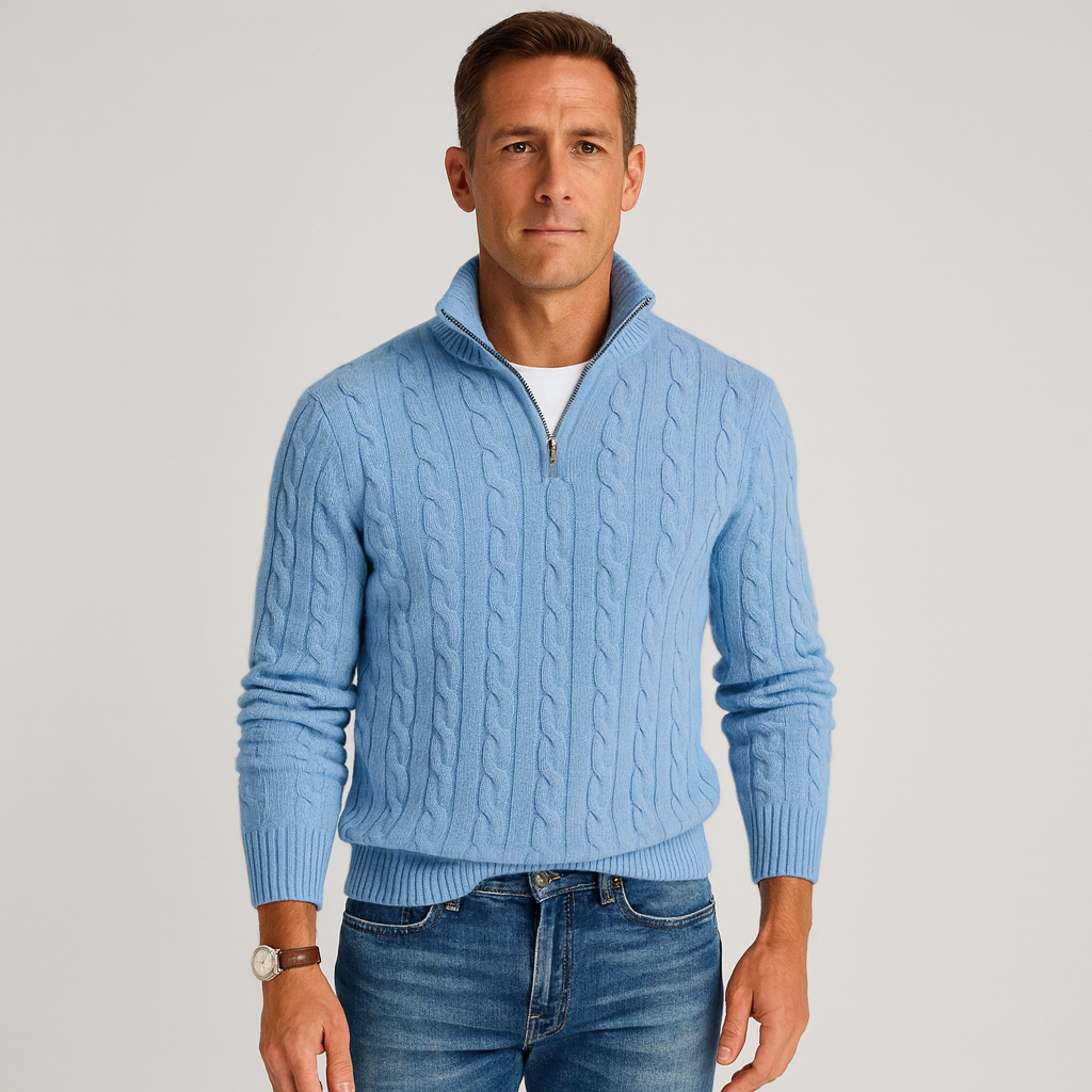 Men's Sweater | Half-Zip Design with High Collar and Ribbed Cuffs