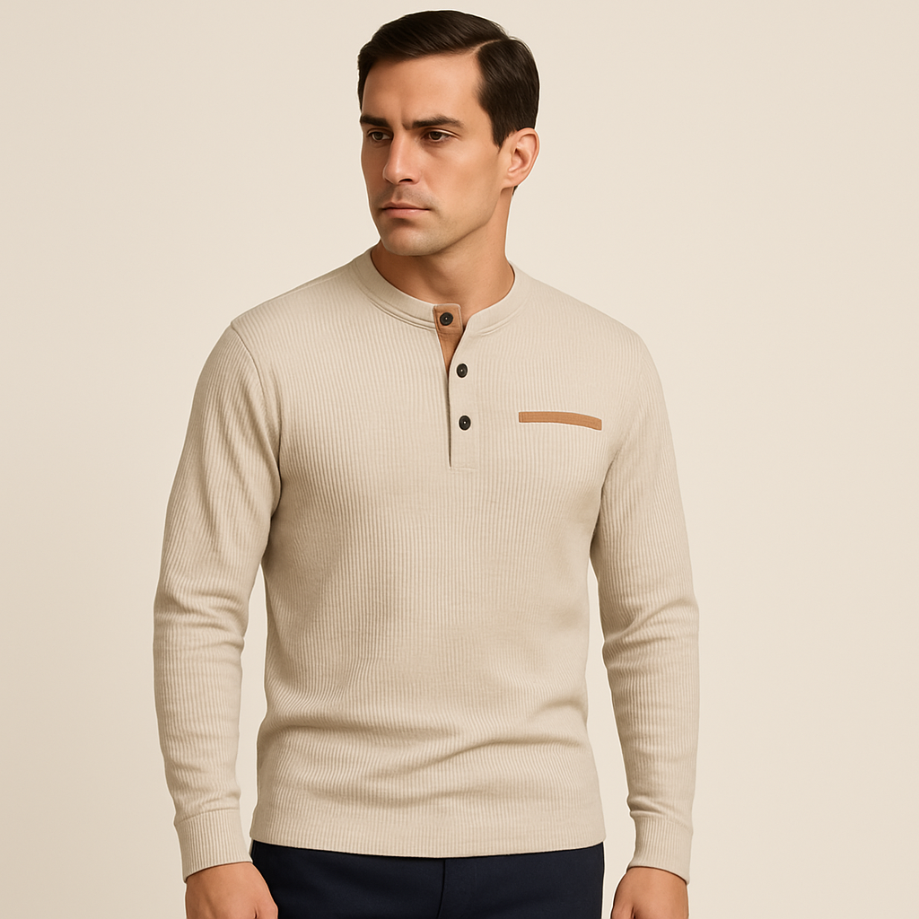 Men's Henley Shirt | Long Sleeve Ribbed Cut with Button Closure