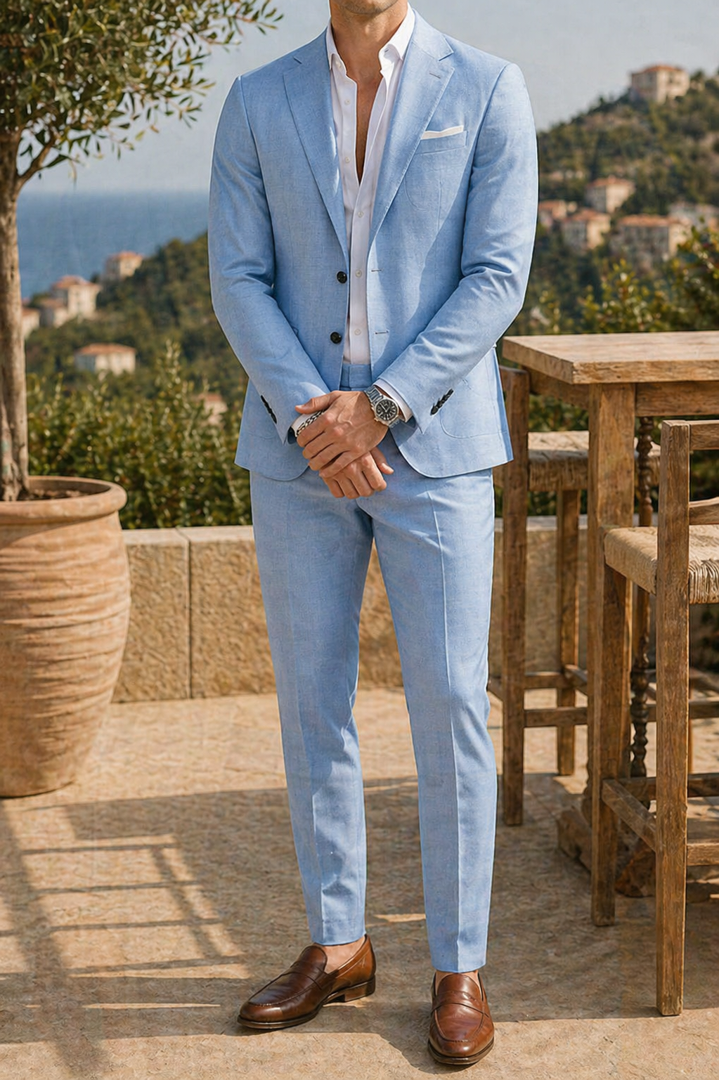 Beige Linen Tailored Blazer and Pants Suit Set for Men | Occasion Wear