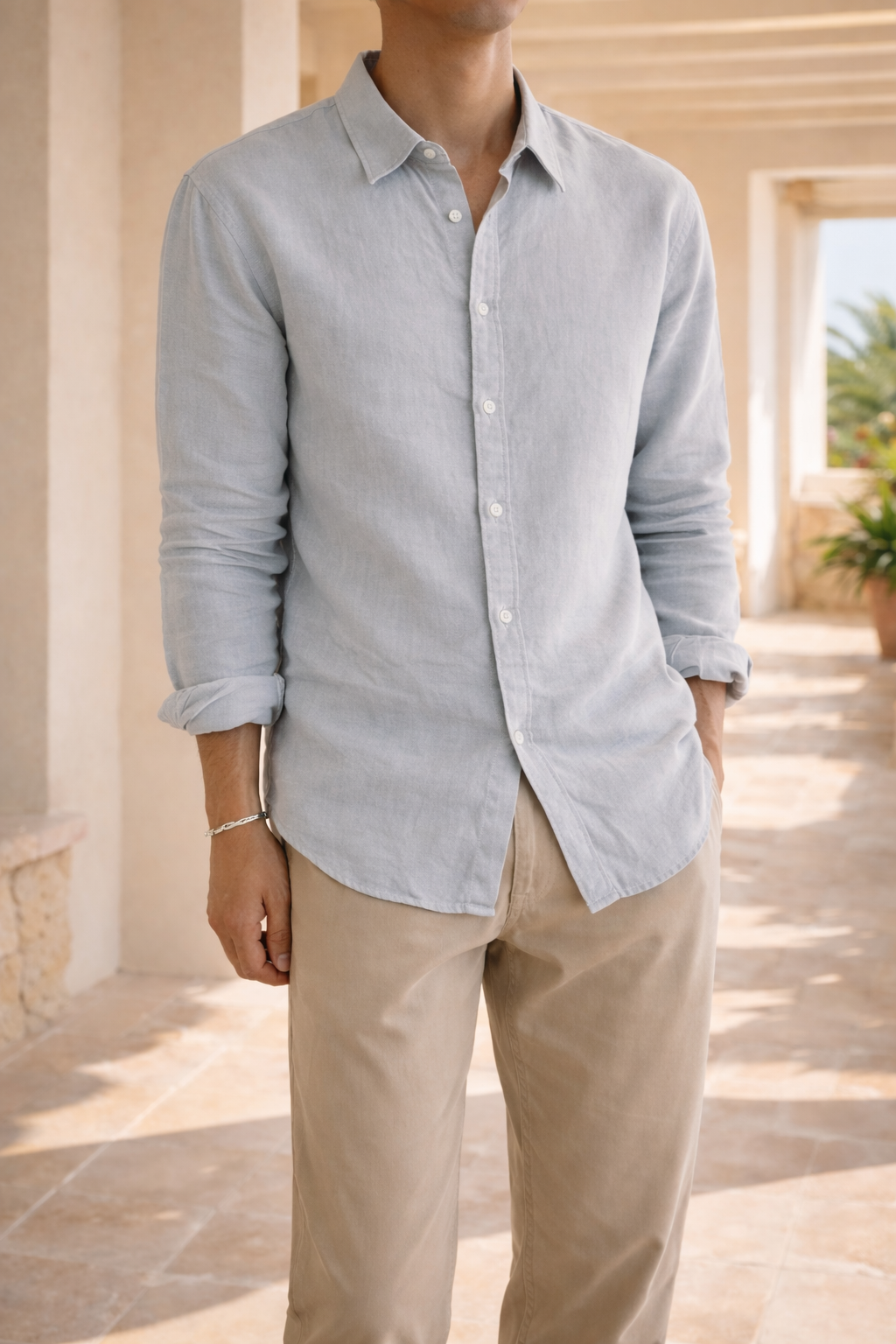 Navy Linen Relaxed Fit Long Sleeve Button Shirt for Men