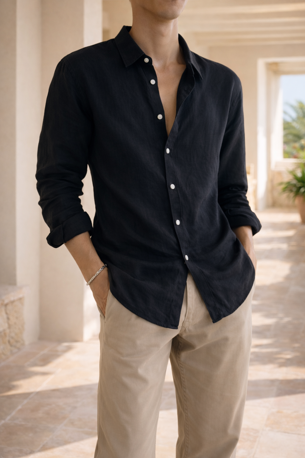 Navy Linen Relaxed Fit Long Sleeve Button Shirt for Men
