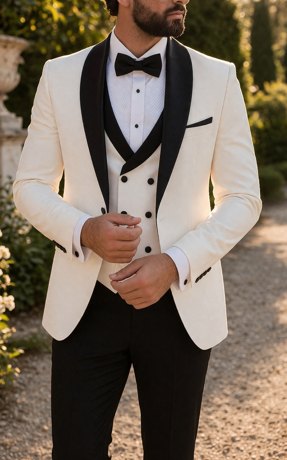 White Shawl Lapel Three Piece Tuxedo Suit with Vest for Men | Formal Wedding