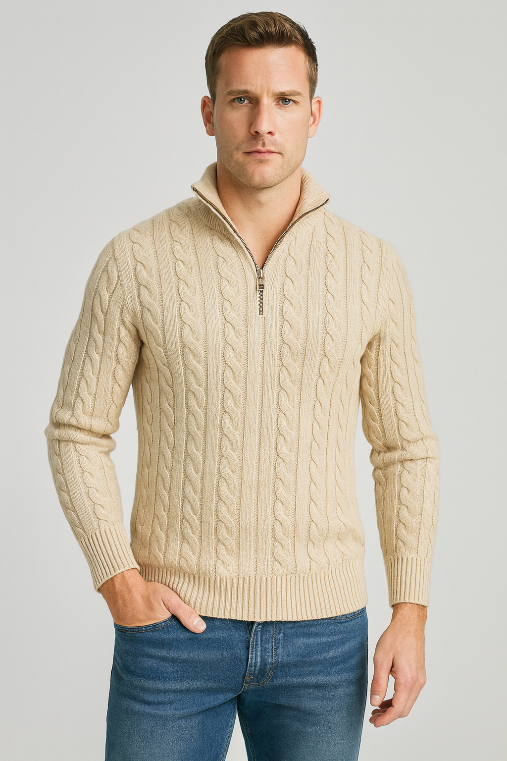 Men's Sweater | Half-Zip Design with High Collar and Ribbed Cuffs
