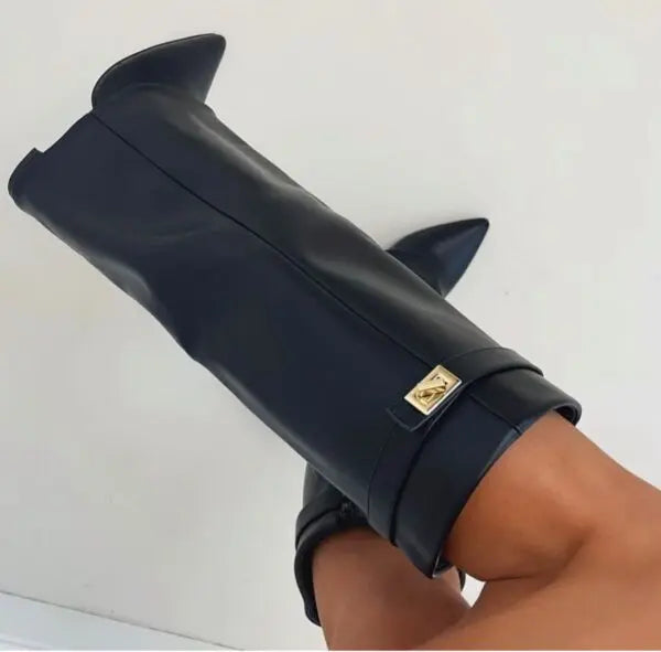 Black Taupe Leather Suede Tall Heeled Boots for Women | Slim Shaft Winter Wear