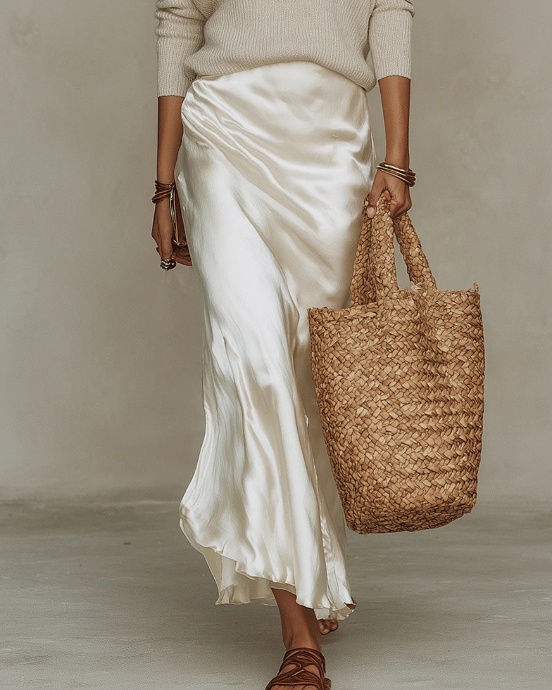 Satin Midi Dress with Knit Sweater Two Piece Set for Women | Layered Outfit