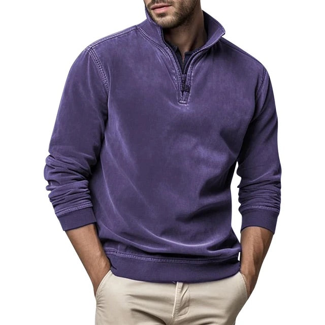 Fleece Half-Zip Collared Sweater with Ribbed Cuffs and Hem for Men