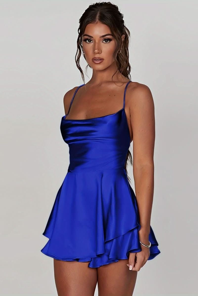 Ruched Square Neckline Flared Backless Halter Cocktail Dress for Women