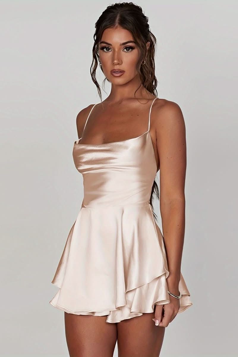 Ruched Square Neckline Flared Backless Halter Cocktail Dress for Women