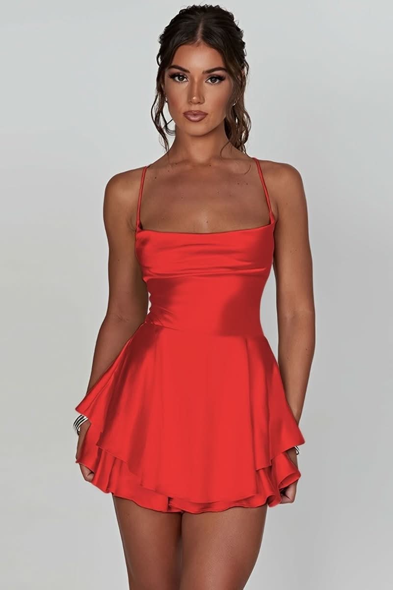 Ruched Square Neckline Flared Backless Halter Cocktail Dress for Women