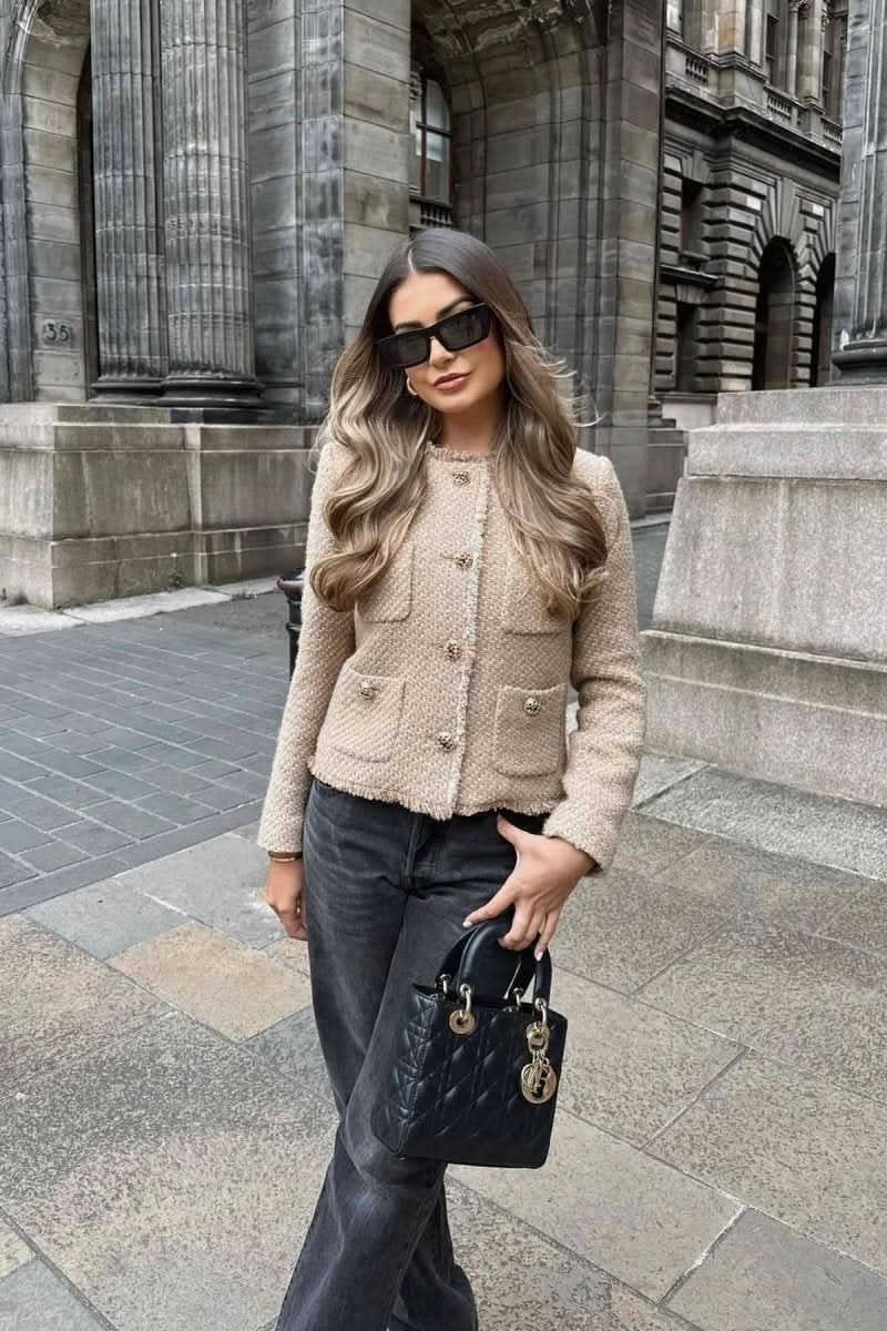 Tailored Tweed Cropped Blazer with Front Button Closure for Women