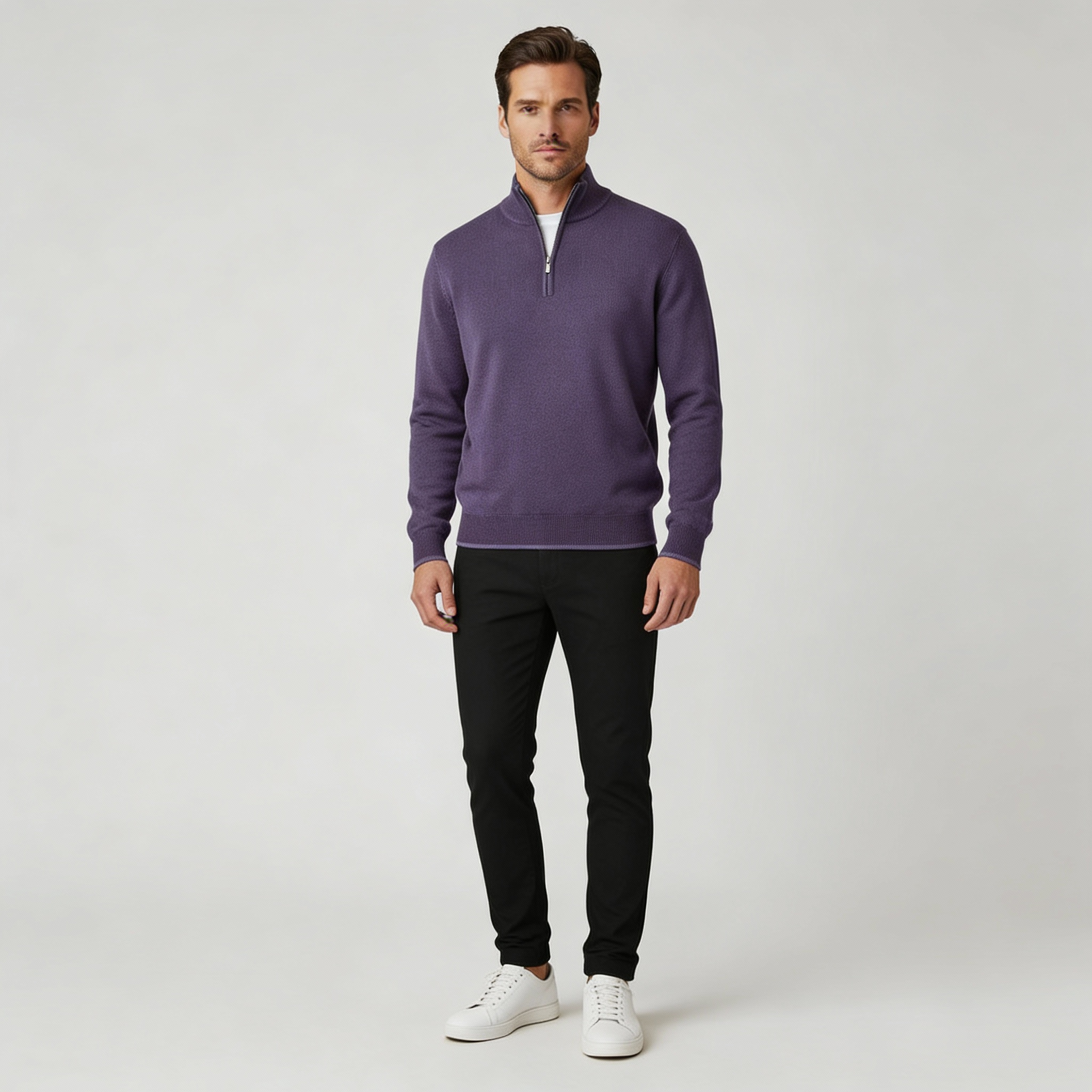 Men's Sweater | Knitted Sweater with V-Neck and Front Zipper