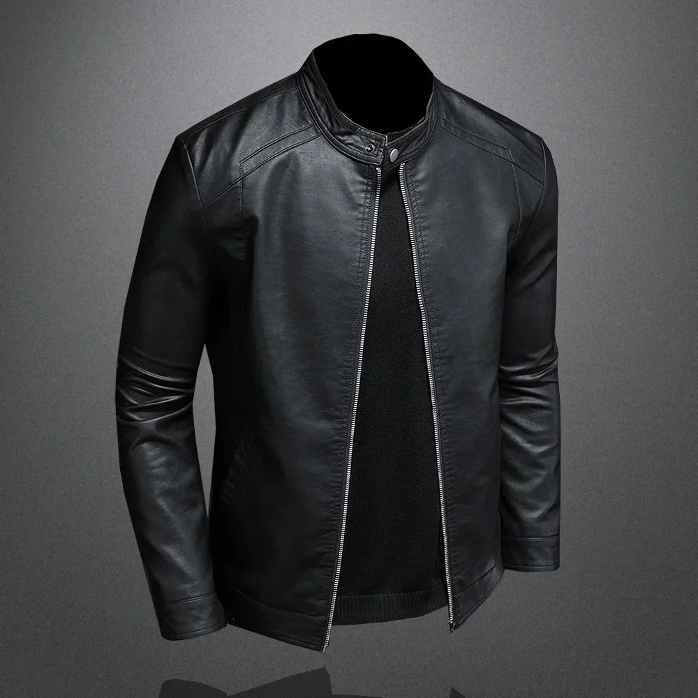 Black Zip Closure Motorcycle Jacket with Structured Collar for Men | Riding Wear