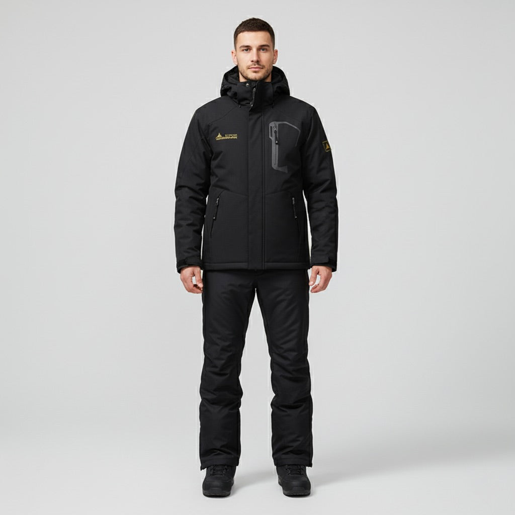 Black Hooded Ski Jacket and Pants Set for Men | Snowboard Winter Outfit