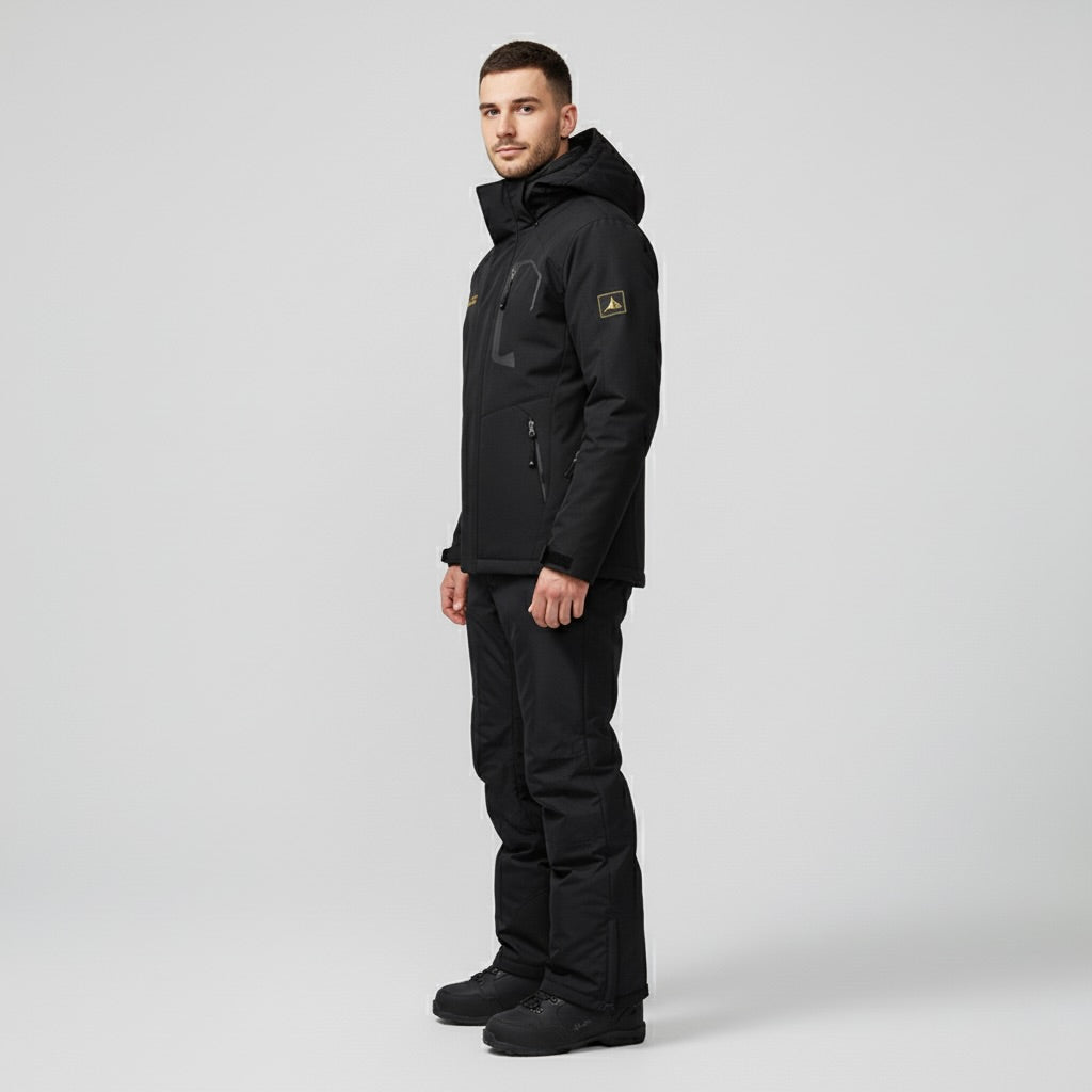 Black Hooded Ski Jacket and Pants Set for Men | Snowboard Winter Outfit