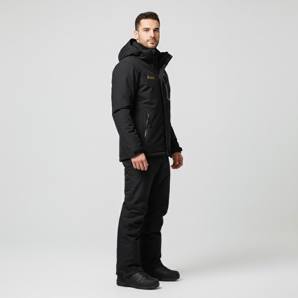 Black Hooded Ski Jacket and Pants Set for Men | Snowboard Winter Outfit