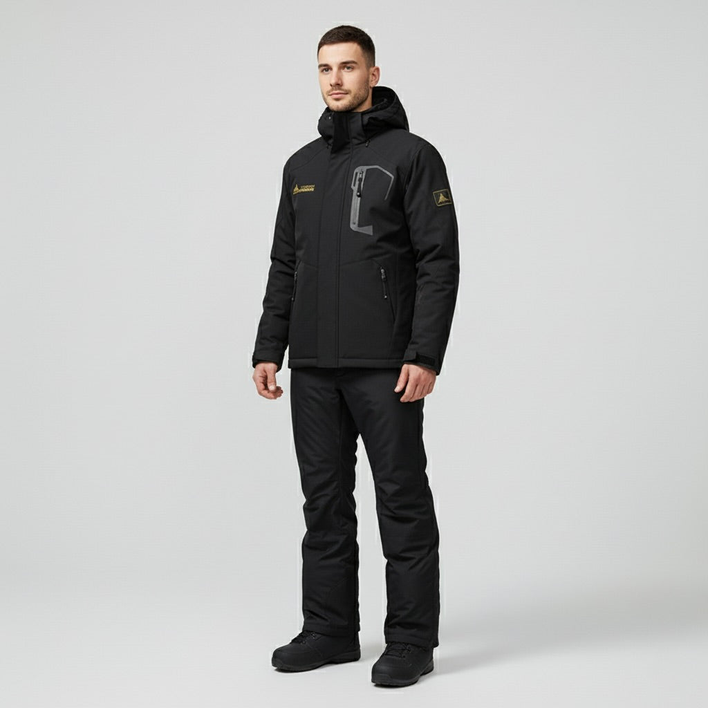 Black Hooded Ski Jacket and Pants Set for Men | Snowboard Winter Outfit