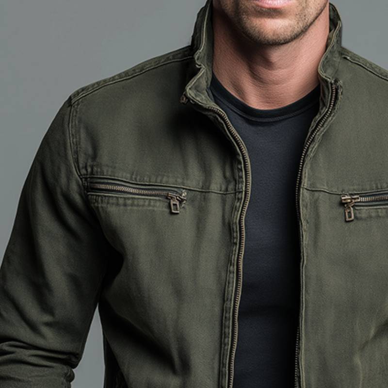 Army Green Stand Collar Zip Jacket with Chest and Side Pockets for Men
