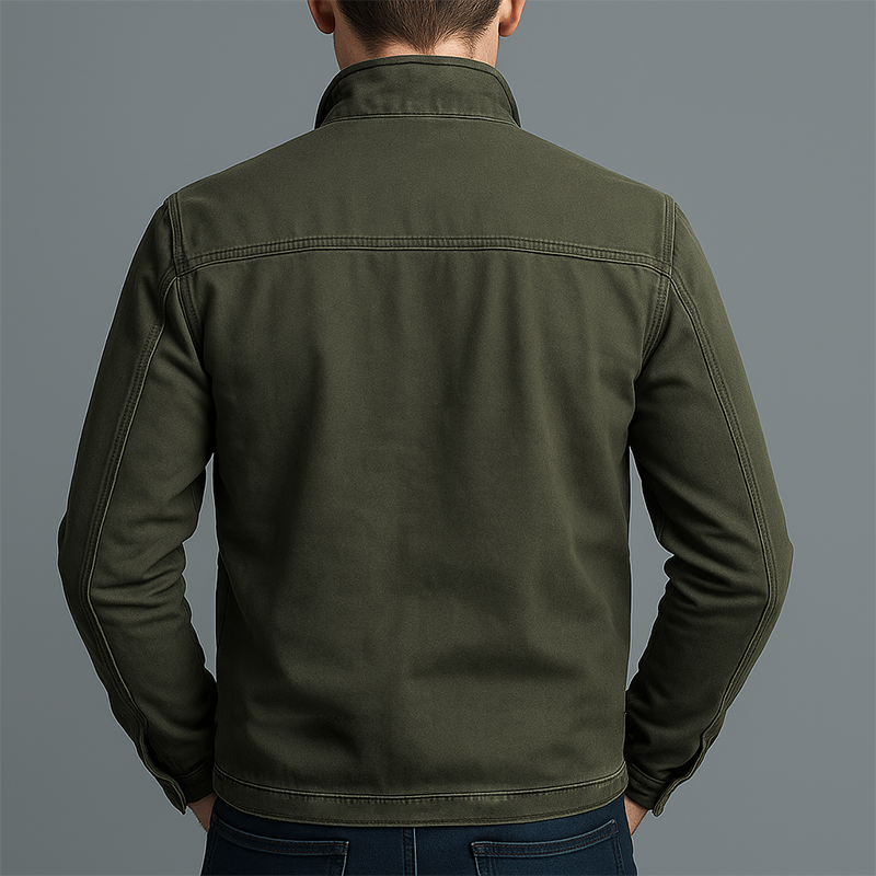 Army Green Stand Collar Zip Jacket with Chest and Side Pockets for Men
