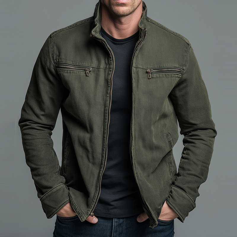 Army Green Stand Collar Zip Jacket with Chest and Side Pockets for Men
