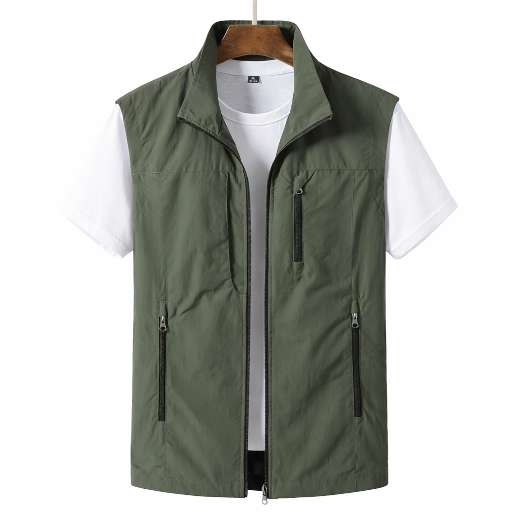 Green Lightweight Sleeveless Zip Front Utility Vest for Men | Casual Layer