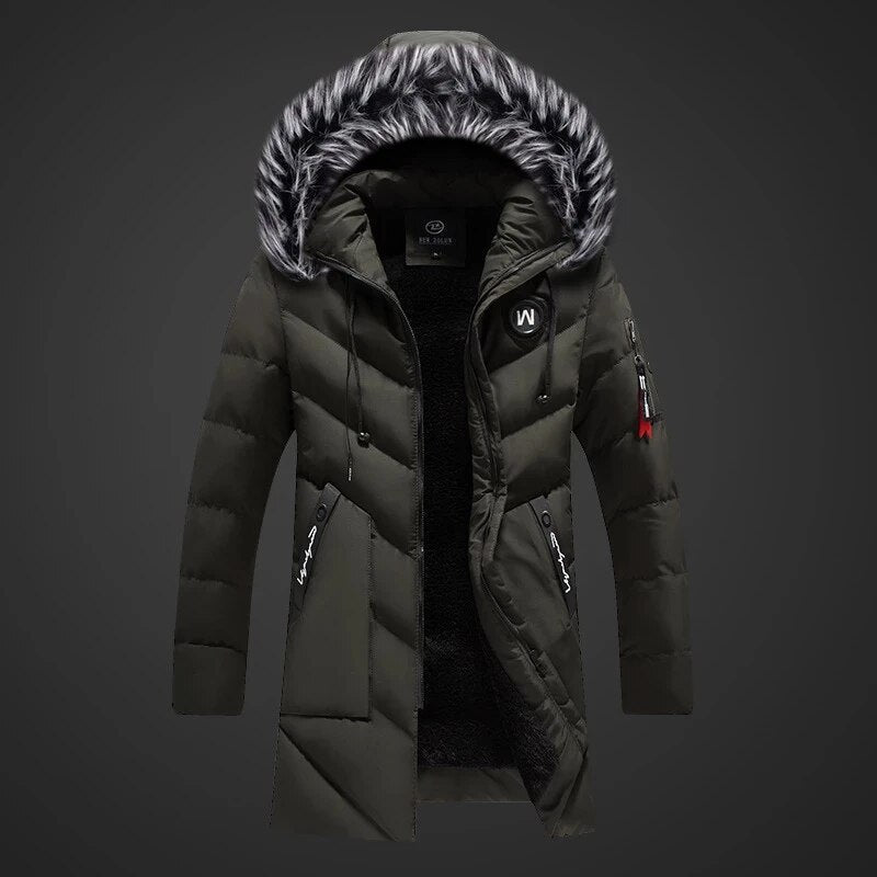 Men's Winter Coat | Long Style with Hood and Front Closure