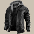 Black PU Leather V-Neck Zip Jacket with Detachable Hood for Men | Cold Weather