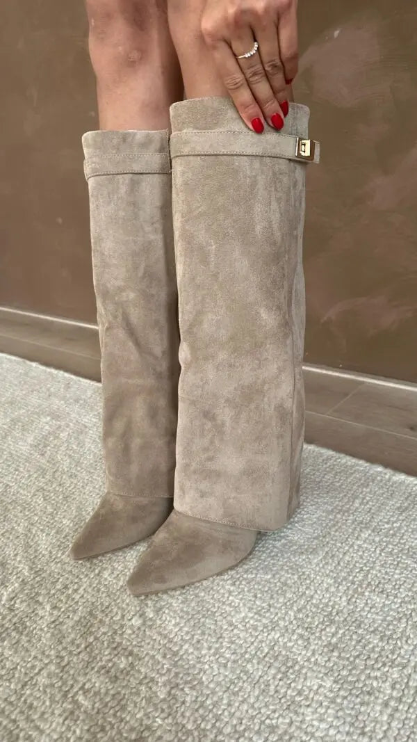 Black Taupe Leather Suede Tall Heeled Boots for Women | Slim Shaft Winter Wear