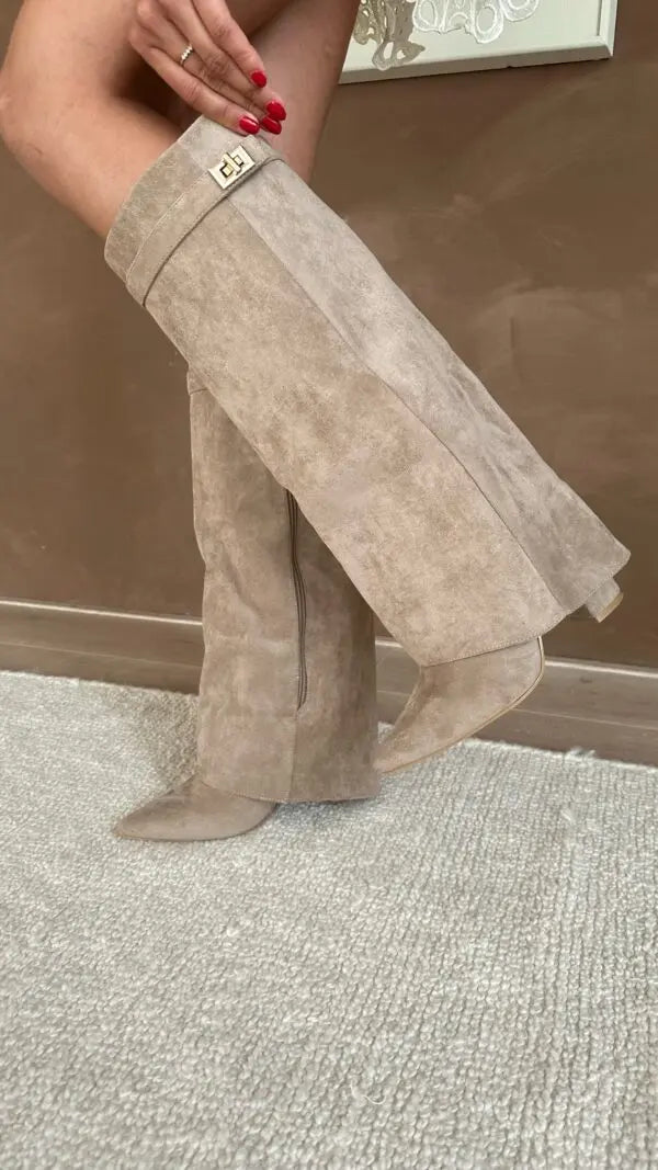 Black Taupe Leather Suede Tall Heeled Boots for Women | Slim Shaft Winter Wear