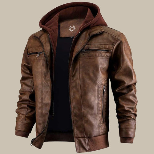 Black PU Leather V-Neck Zip Jacket with Detachable Hood for Men | Cold Weather