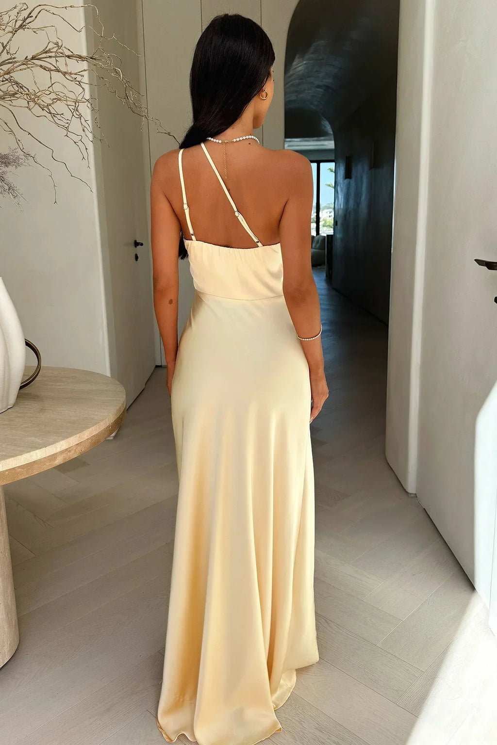 Beige Asymmetrical Maxi Dress with Leg Slit for Women | Evening Occasion Wear