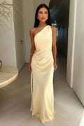 Beige Asymmetrical Maxi Dress with Leg Slit for Women | Evening Occasion Wear