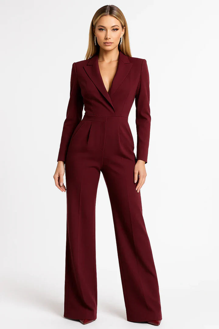 V Neck Wide Leg Blazer Style Jumpsuit for Women | Office and Formal Events