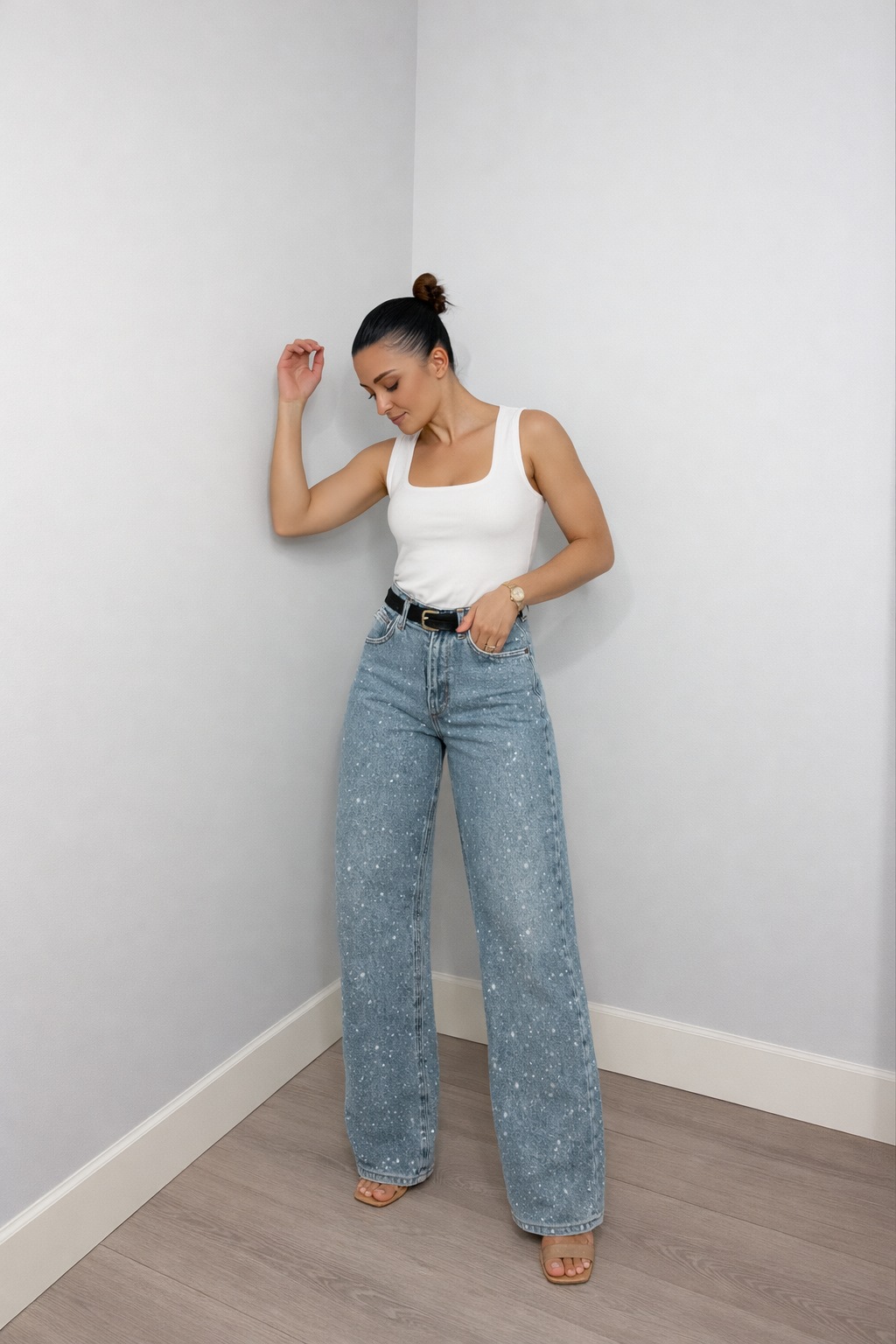 Denim Glitter Detail Straight Leg High Waist Jeans for Women | Casual Wear